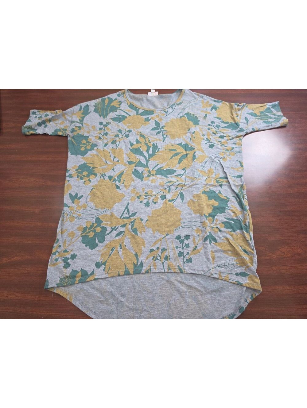 LuLaRoe Top Womens XS Gray Green Yellow Floral Short Sleeve High Low Nature Core